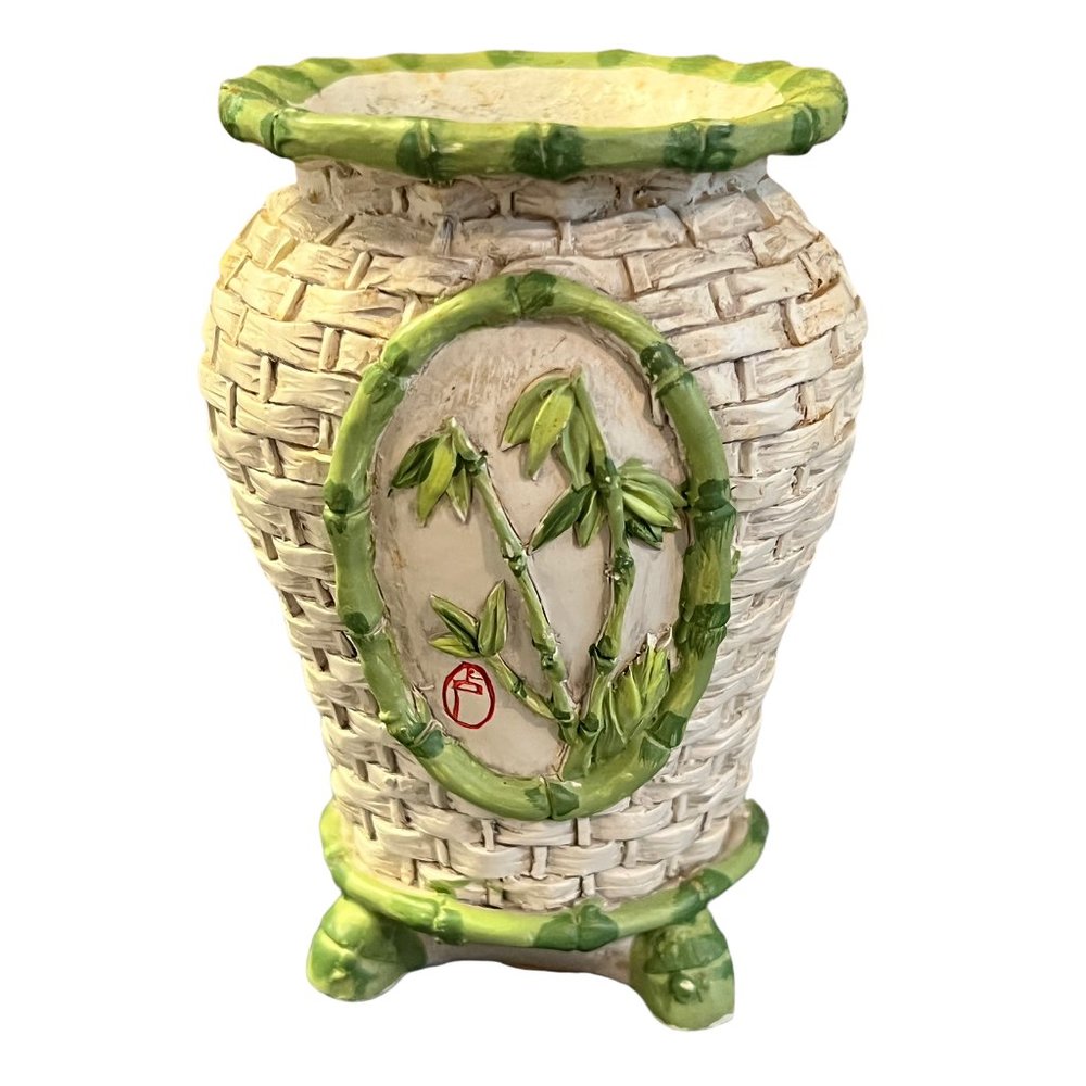 Panda Garden Ceramic Vase Faux Bamboo Basket Weave 3.75" tall Woven Design